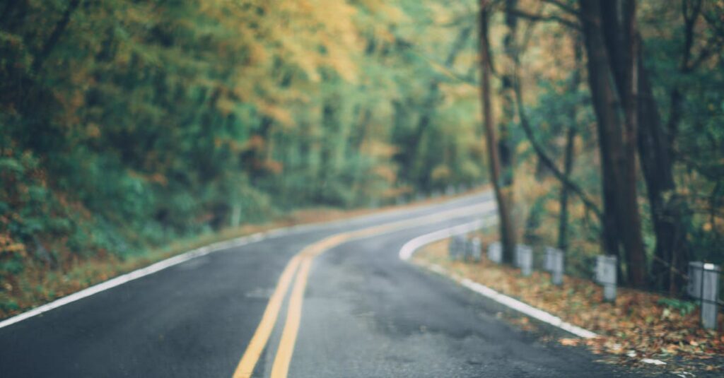 A scenic winding road through a vibrant autumn forest in Long Pond, PA.