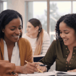Smiling instructor helps eager college student