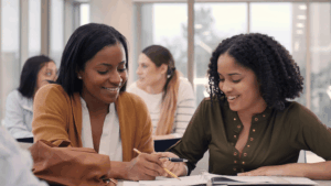 Smiling instructor helps eager college student
