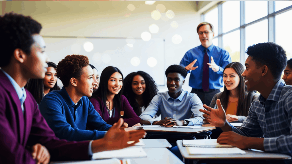 Students discussing with instructor in classroom