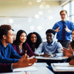 Students discussing with instructor in classroom